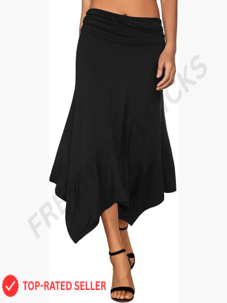 Flowy Handkerchief Hemline Midi Skirt Soft High Waist Ruched Elastic